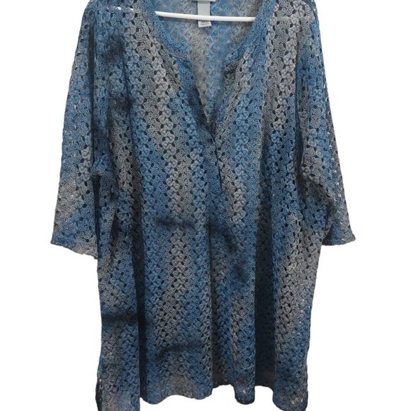 Catherines Womens Blue Crochet 3/4 Sleeve‎ Side Slit Tunic Top Size 2X 22/24W - Picture 3 of 5